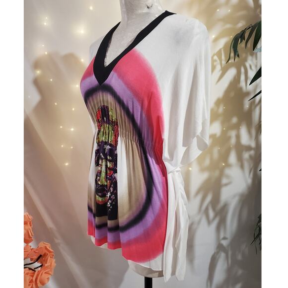 Vtg Rampage Y2K V-Neck Babydoll Batwing Sleeve Top Size S Tribal Tiki Mask Aztec - Picture 3 of 10